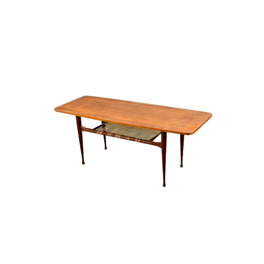 Vintage Teakhouten Salontafel Met Rotan 1