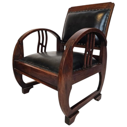 Art Deco - Arm Chair - Clubfauteuil - Gebeitst Hout - Leren Bekleding - Frankrijk - 1930's 1