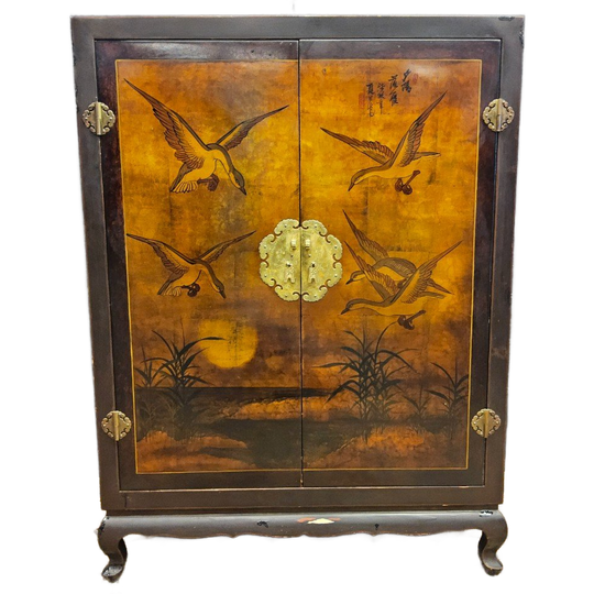 Vintage Chinese Kast Vogels / Bladgoud / Bohemian Kast / Oosterse Kast (Chinese Closet) Chinoiserie 1