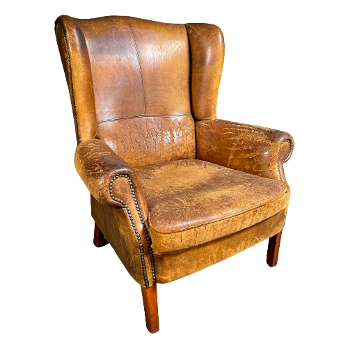 Vintage Geleefde Schaapsleren Wingback Fauteuil