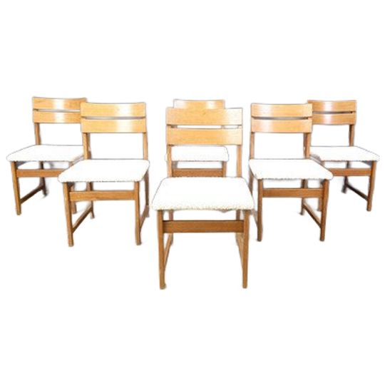 Set Of 6 Brutalist Oak And Bouclé Fabric Dining Chairs, 1970s 1