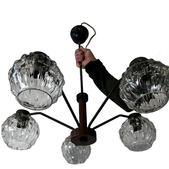 Vintage Ijzeren Luster / Hanglamp Met 5 Glazen Lichtpunten 1