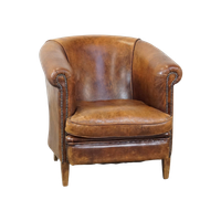 Cognac-kleurige, Karakteristieke Vintage Schapenleren Clubfauteuil Met Een Tijdloos Design