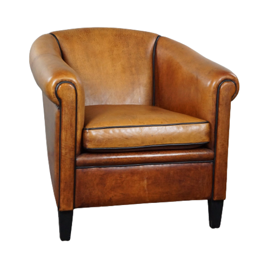 Zeer Mooie Lichte Schapenleren Clubfauteuil Met Zwarte Biezen 1