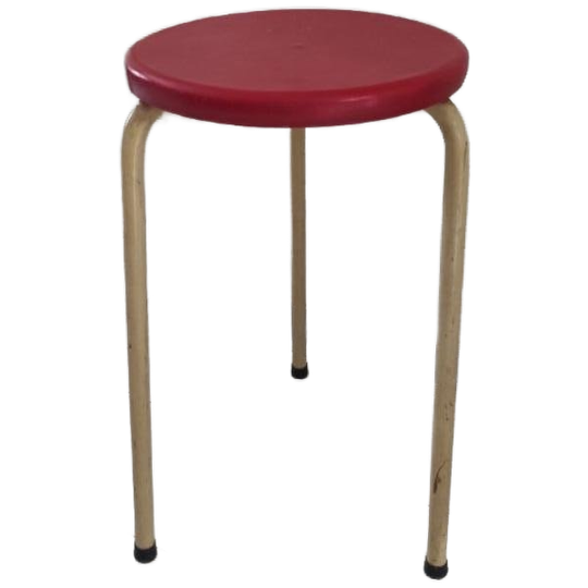 Vintage Kruk Wit Metaal Rode Houten Zitting 1