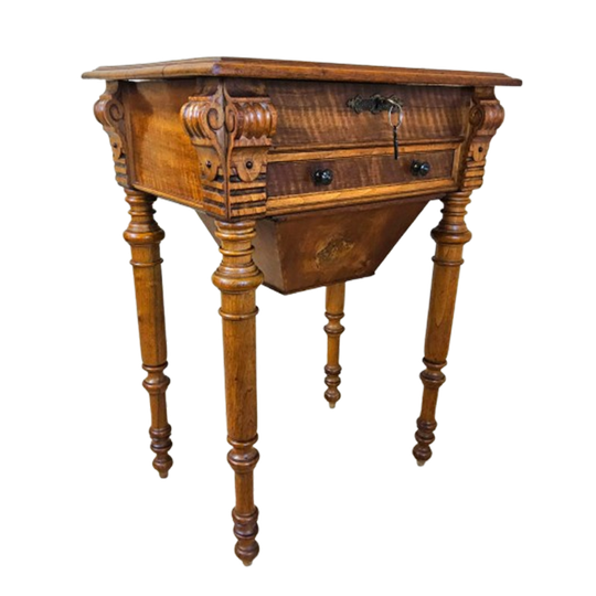 Antieke Biedermeier Naaitafel / Bijzettafel Wortelhout Fineer / Opberg Tafeltje 1