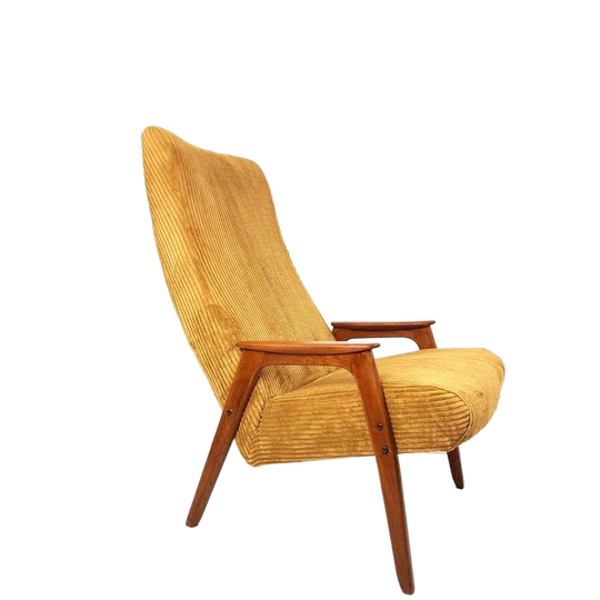 Vintage Geel Teak Houten Fauteuil Nieuw Gestoffeerd Mosterd 1