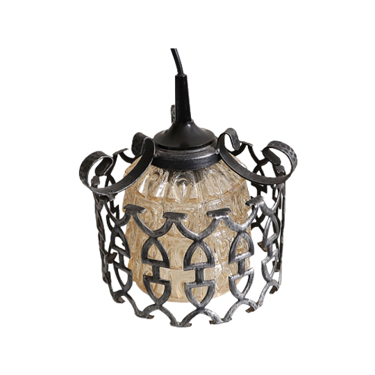 Vintage Smeedijzeren Lamp Met Prachtig Amber Glas, Jaren '50/'60 1