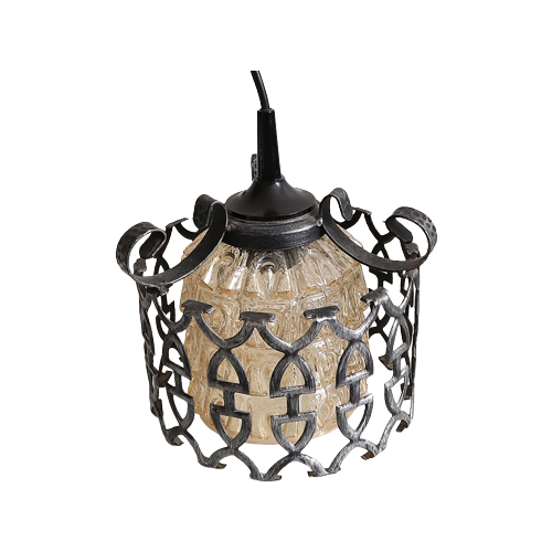 Vintage Smeedijzeren Lamp Met Prachtig Amber Glas, Jaren '50/'60