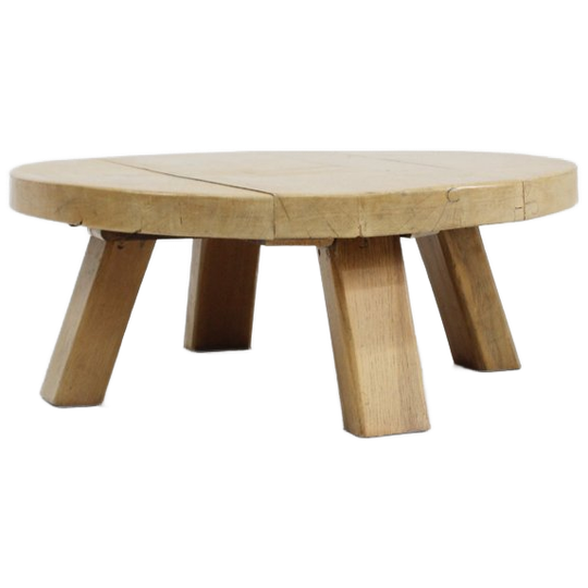Vintage Brutalist Solid Oak Round Coffee Table 1970s 1