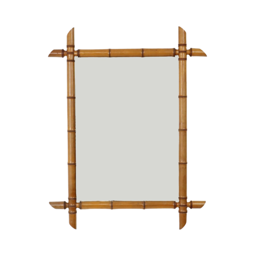 Antieke Houten Faux Bamboe Spiegel Facetgeslepen Frankrijk 74X57Cm