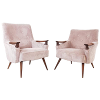 2 Vintage Fauteuils Teak Roze Rib Nieuw Gestoffeerd