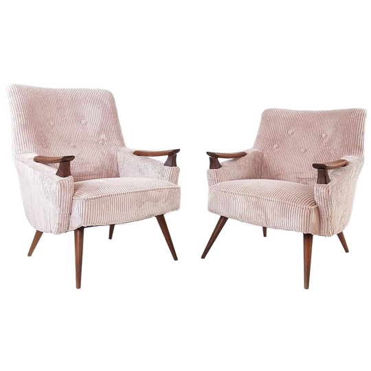 2 Vintage Fauteuils Teak Roze Rib Nieuw Gestoffeerd 1