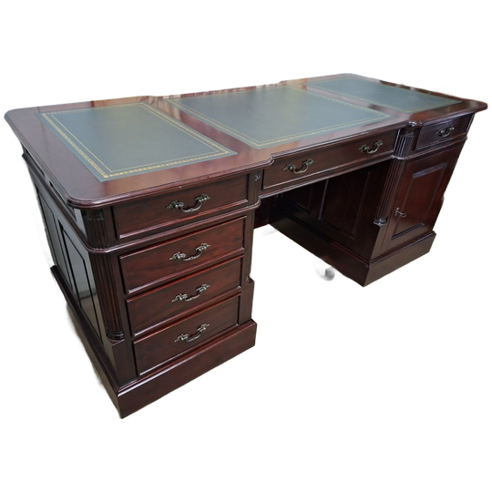 Klassiek Engels Bureau, Schrijftafel, Desk Met Ingelegd Leer Afm: 180x80cm En 80cm Hoog. 1