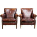 Karaktervolle Set Van 2 Vintage Schapenleren Armchairs Met Warme Kleuren En Een Mooi Patina thumbnail 1