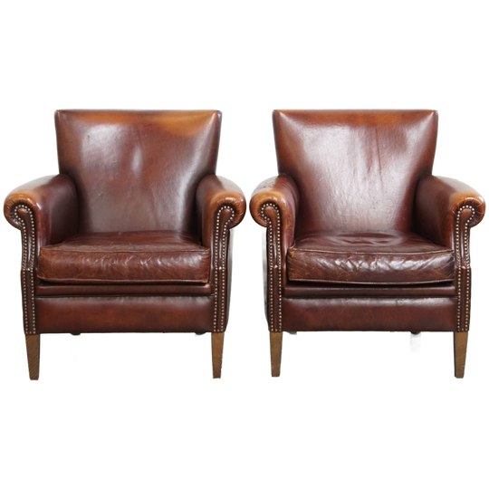 Karaktervolle Set Van 2 Vintage Schapenleren Armchairs Met Warme Kleuren En Een Mooi Patina 1