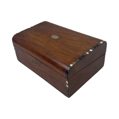 19Th C Fine English Mahogany Fineer Writing Box - With Mother Of Pearl Accent