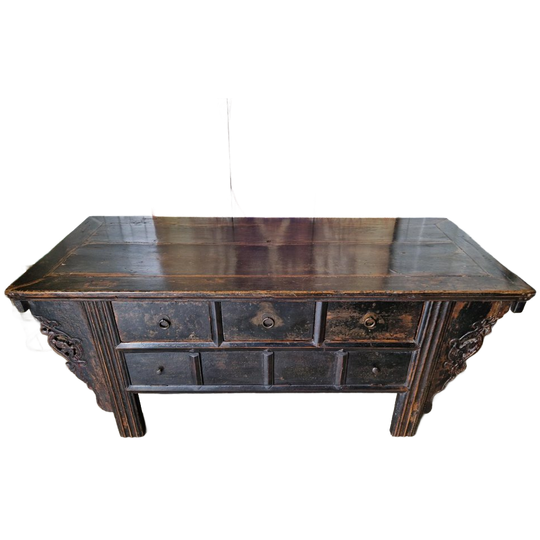 Antiek Oosters Altaar, Wandconsole Sidetable, Salontafel Met 3 Lades Afm. 70x164cm En 70cm Hoog. 1