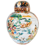 Vintage Xl Chinese Gemberpot Geisha’s Bloemen Blauw Goud thumbnail 1