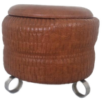 Vintage Mid Century Poef Bruin Met Chroom Poten thumbnail 1