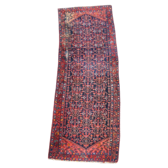 Oude Oosterse Loper Met De Hand Gemaakt Met Voornamelijk Donkerblauw & Rood Tinten 315x105cm 1