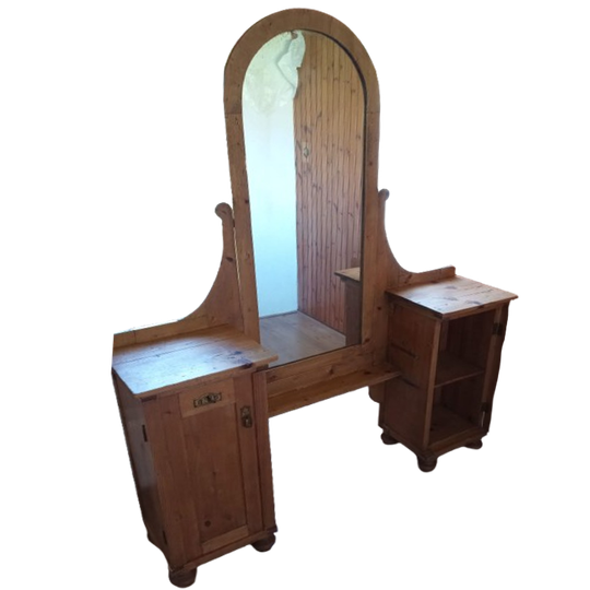 Antieke Kaptafel Met Grote Originele Kantelbare Spiegel En 2 Zij Kastjes 1