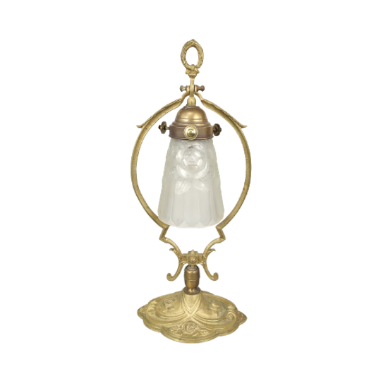 Bronzen Tafellamp Met Art Deco Persglas 1