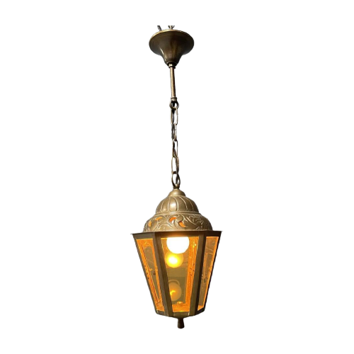 Hoekige Messing Lantaarn Hanglamp Met Geel Glas