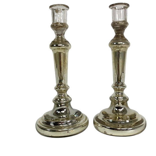 Set Van 2 Kwikzilveren Kandelaars, Rond 1900 (armeluiszilver) 1