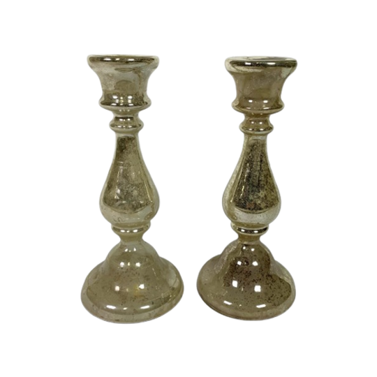 Set Van 2 Kwikzilveren Kandelaars, Rond 1900 (armeluiszilver) 1