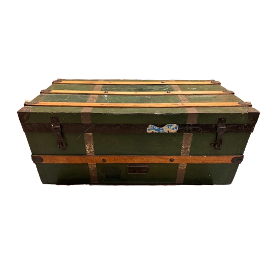 Hutkoffer, Kist, Groen Met Houten Latjes 1