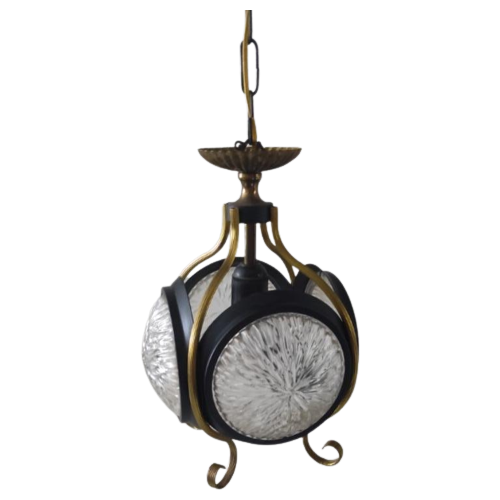 Vintage Hanglamp Glas Metaal Goudkleurig Zwart Jaren 60