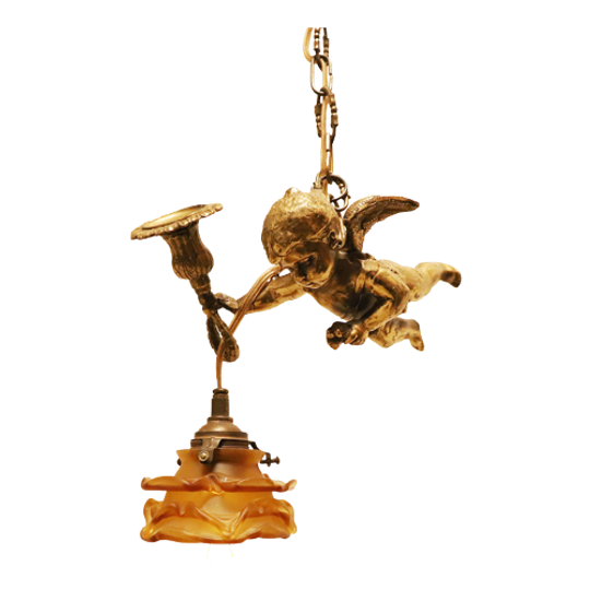Bronzen Engel Lamp Met Glazen Boem Kapje, Frankrijk Jaren '50 1