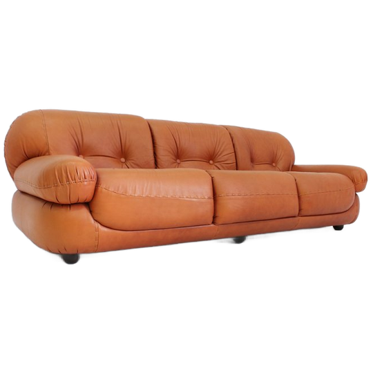 Vintage Cognac Leren Sofa Sapporo Mobil Girgi jaren 70 1