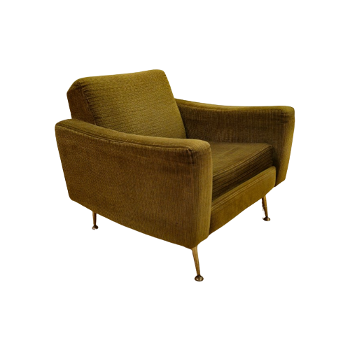 Vintage Fauteuil Stoel Ribstof Groen Messing