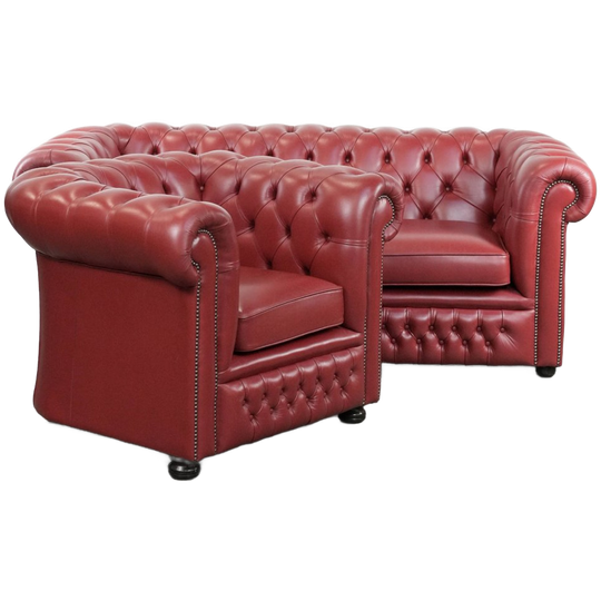 Geweldige Set Bestaande Uit Een Rundleren Chesterfield 2.5 Zits Bank En Bijbehorende Fauteuil 1