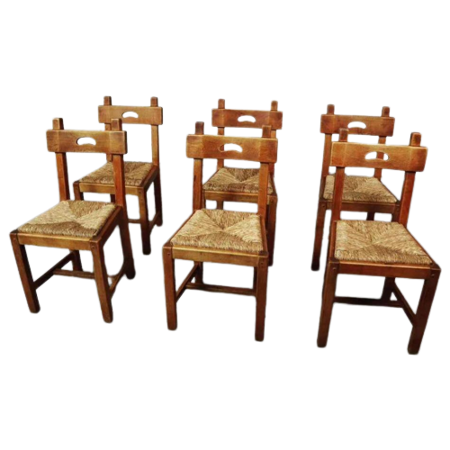 Set Of Six Brutalist, Rustic Dining Chairs