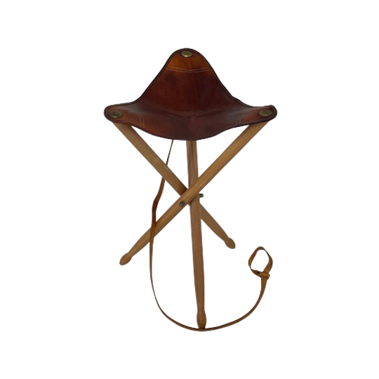 Hunting Chair - Foldable Tripod Stool - Wood And Leather Upholstery - Military Campaign Style - D 1