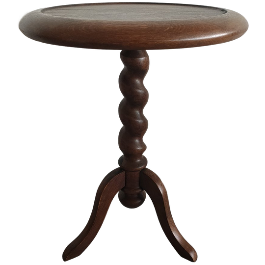 Rond Eiken Vintage Bijzettafeltje Met Gedraaide Voet 1