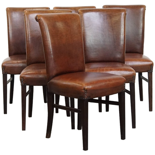 Set Van 6 Nette Eetkamerstoelen Gemaakt Van Schapenleer In Een Warme Cognac Kleur 1