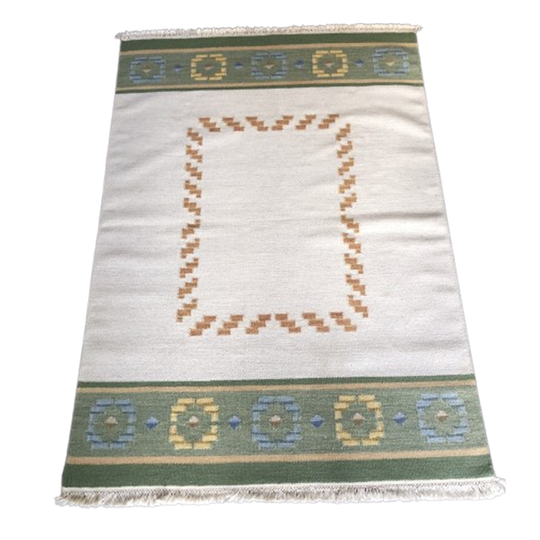 Vintage Zweedse Wollen Rollakan Groen, Crème, Okergeel, Blauw 1