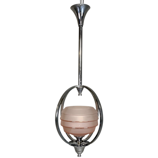 Art Deco Hanglamp Met Glazen Kap In Verchroomd Frame, Jaren 30 1