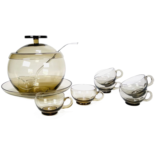 Vintage Glazen Bowl Set Rookglas, Leerdam Jaren '60/'70. 1