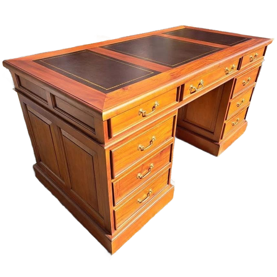 Klassieke Engelse Schrijftafel, Bureau, Desk, Met Lederen In 1