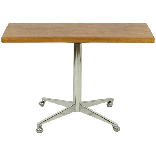 Vintage Salontafel Bijzettafel Houten Blad Chroom Wielen 90cm 1