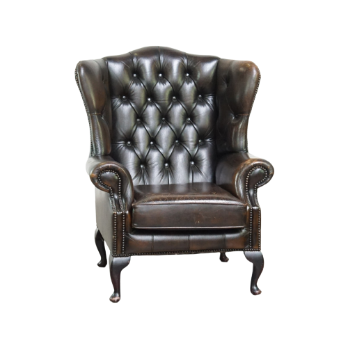 Mooie Donkerbruine Vintage Rundleren Chesterfield Oorfauteuil Met Een Mooi Patina