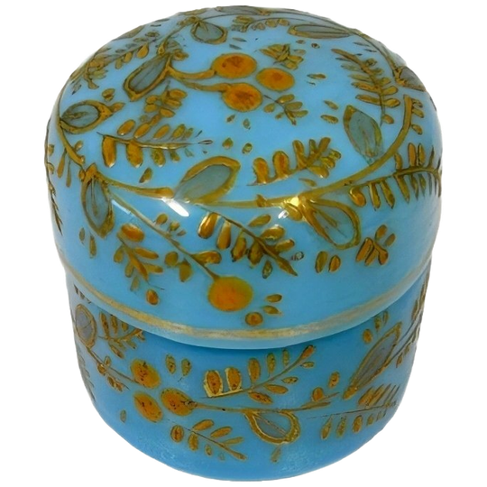 Antiek Moser Opaline Blauw Rouge Potje Verguld Emaile Oorbellendoosje 1890’s 1