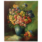 Groot Kleurrijk Bloemen Stilleven Schilderij Gesigneerd 60x50cm thumbnail 1