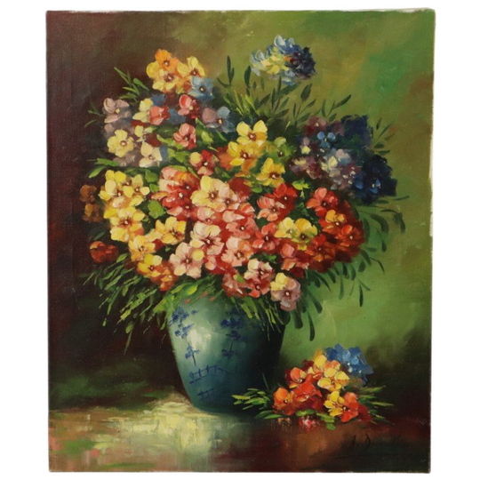Groot Kleurrijk Bloemen Stilleven Schilderij Gesigneerd 60x50cm 1