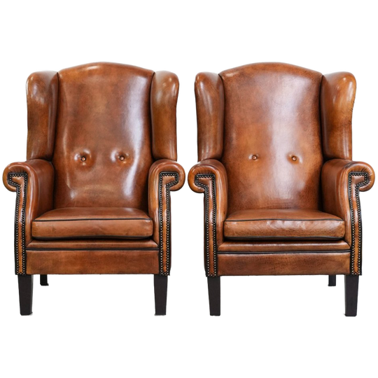 In Zeer Goede Staat Verkerende Set Van 2 Grote En Luxe Schapenleren Oorfauteuils In Engelse Stijl 1